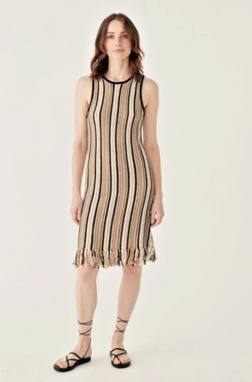 White + Warren NWT Fringe Dress Mercerized Cotton Striped Small S Resort Coastal